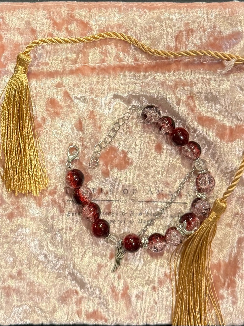 Red Glass Bead Bracelet with Wing Charm - Women Jewelry
